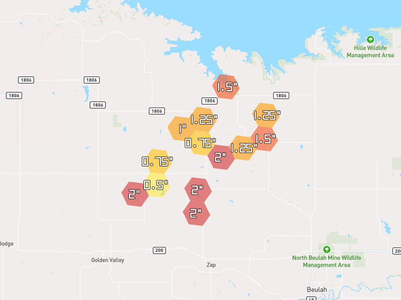 Hail map of Zap, ND on Jun 29, 2026, hail up to 2"