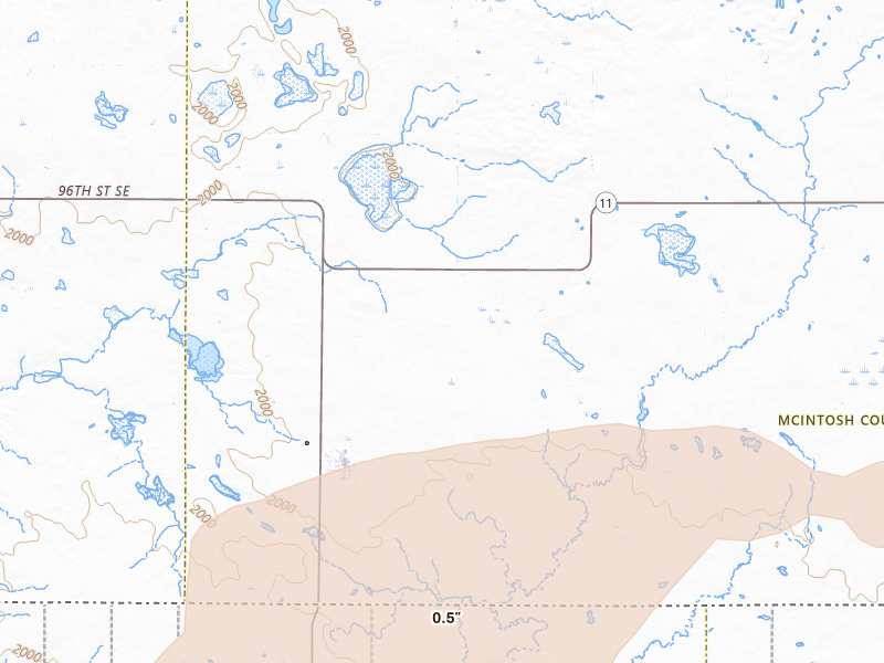 Radar-estimated hail-size map of the storm over Zeeland, ND on Jul 7, 2026