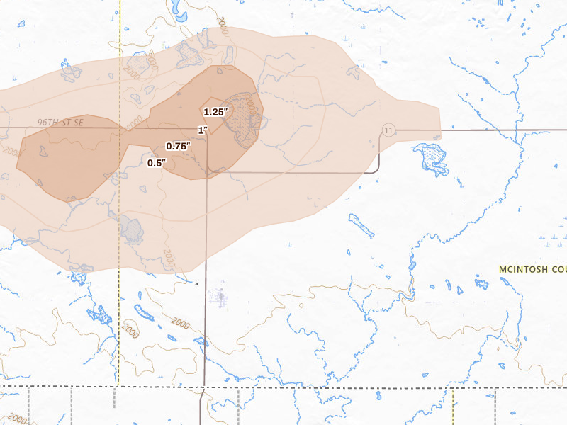Radar-estimated hail-size map of the storm over Zeeland, ND on Aug 24, 2026