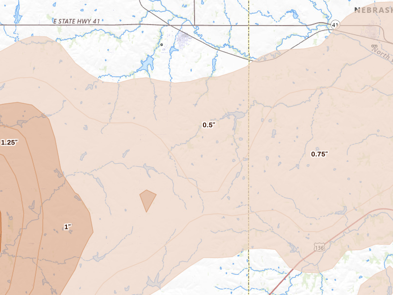 Radar-estimated hail-size map of the storm over Adams, NE on May 16, 2026