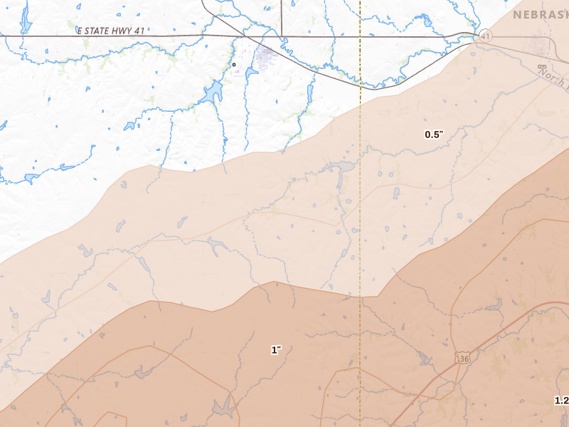 Radar-estimated hail-size map of the storm over Adams, NE on May 18, 2026