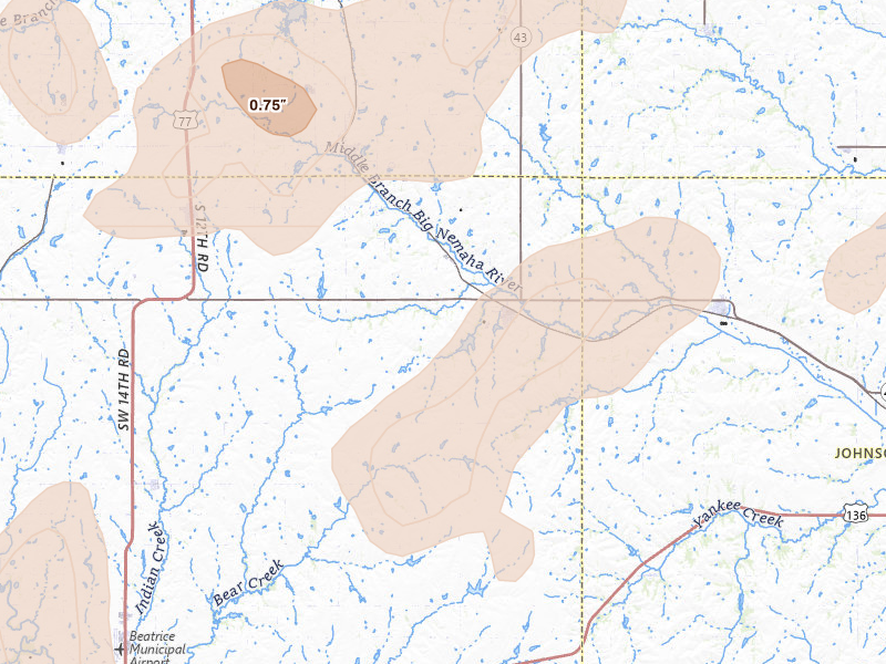 Radar-estimated hail-size map of the storm over Adams, NE on Jun 5, 2026