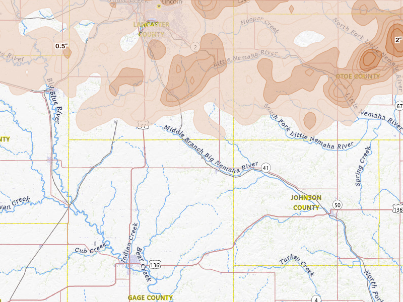 Radar-estimated hail-size map of the storm over Adams, NE on Jun 10, 2026