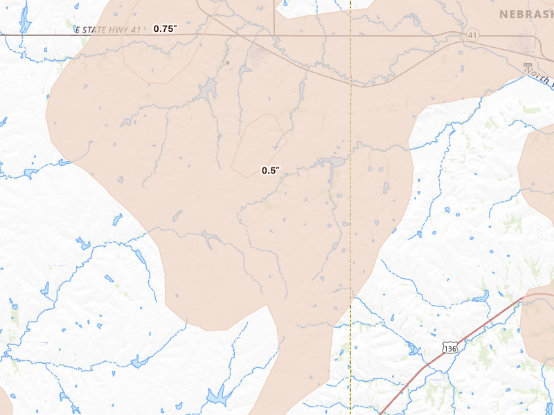 Radar-estimated hail-size map of the storm over Adams, NE on Jul 3, 2026