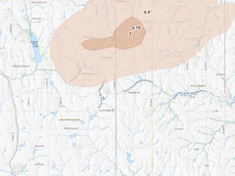 Radar-estimated hail-size map of the storm over Adams, NE on Sep 12, 2026