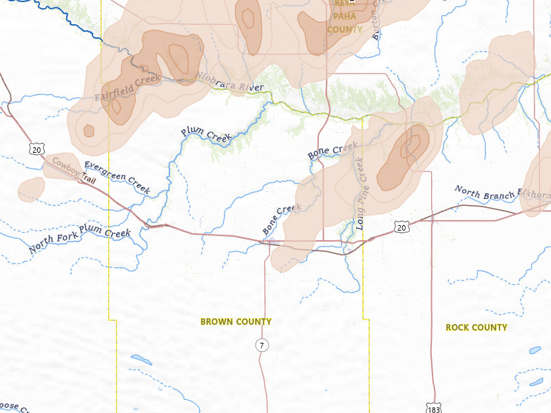 Radar-estimated hail-size map of the storm over Ainsworth, NE on May 17, 2026