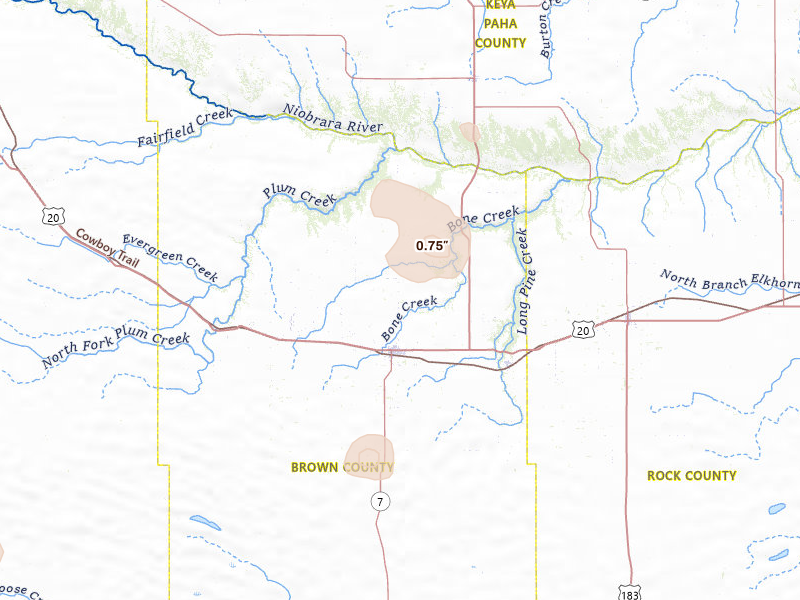 Radar-estimated hail-size map of the storm over Ainsworth, NE on May 30, 2026