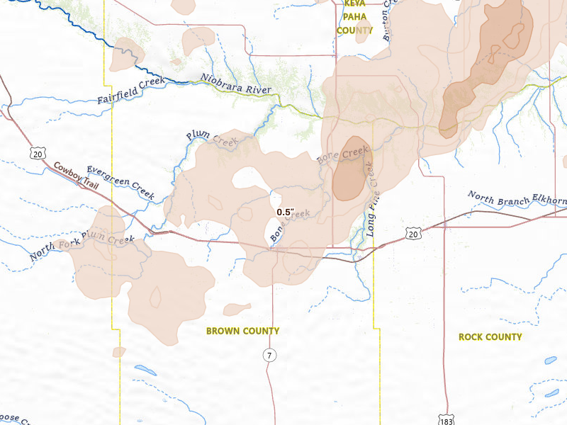 Radar-estimated hail-size map of the storm over Ainsworth, NE on Jun 30, 2026