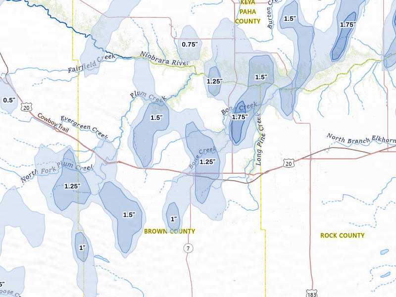 NEXRAD radar-signature map of the hail storm over Ainsworth, NE on Jun 30, 2026