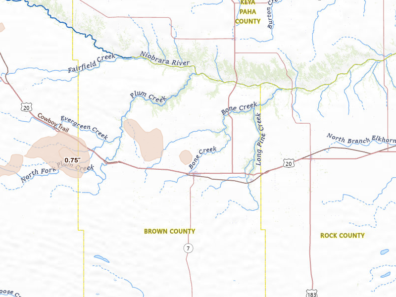 Radar-estimated hail-size map of the storm over Ainsworth, NE on Jul 29, 2026