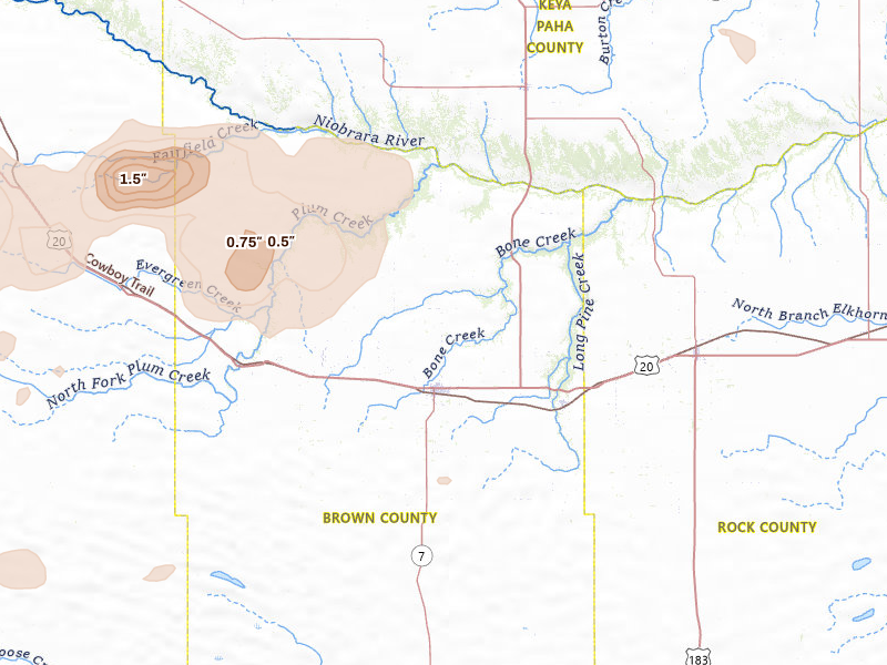 Radar-estimated hail-size map of the storm over Ainsworth, NE on Jul 30, 2026