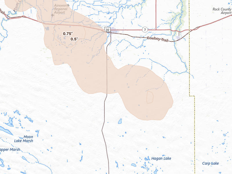 Radar-estimated hail-size map of the storm over Ainsworth, NE on Aug 11, 2026