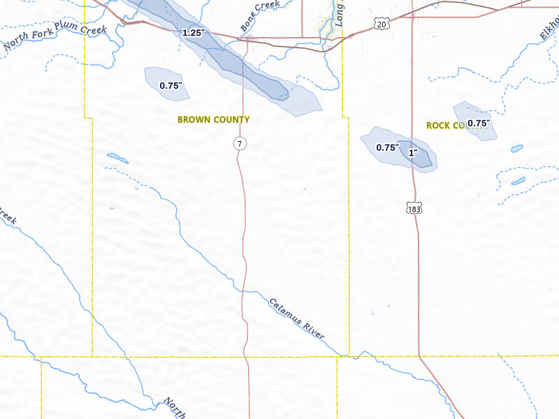 NEXRAD radar-signature map of the hail storm over Ainsworth, NE on Aug 11, 2026