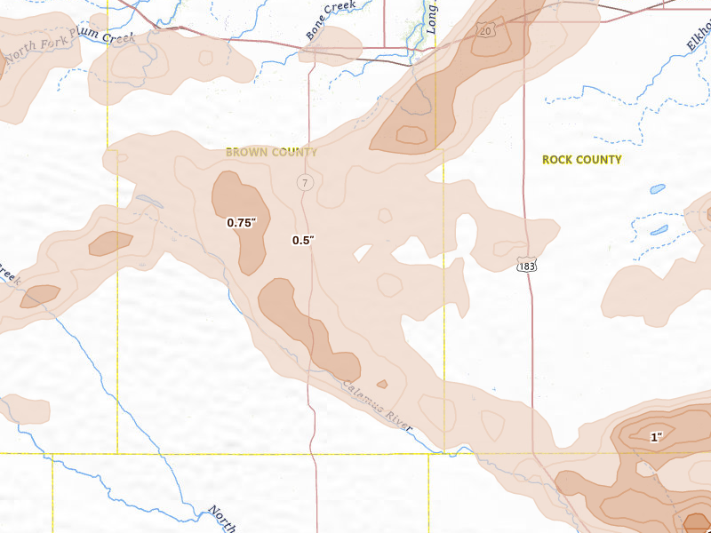 Radar-estimated hail-size map of the storm over Ainsworth, NE on Aug 17, 2026