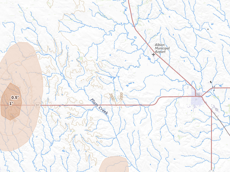 Radar-estimated hail-size map of the storm over Albion, NE on May 16, 2026