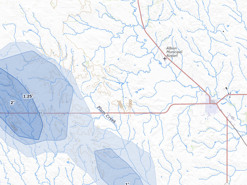 NEXRAD radar-signature map of the hail storm over Albion, NE on May 16, 2026