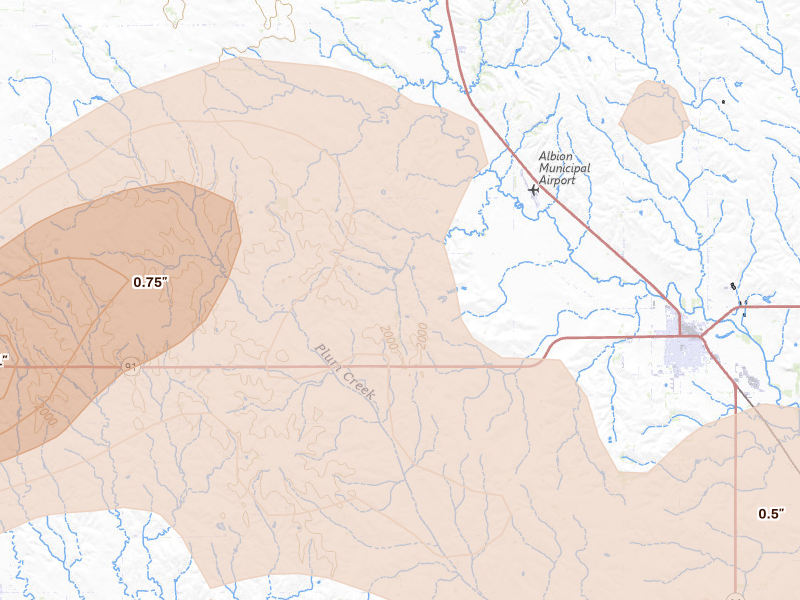 Radar-estimated hail-size map of the storm over Albion, NE on Jun 12, 2026