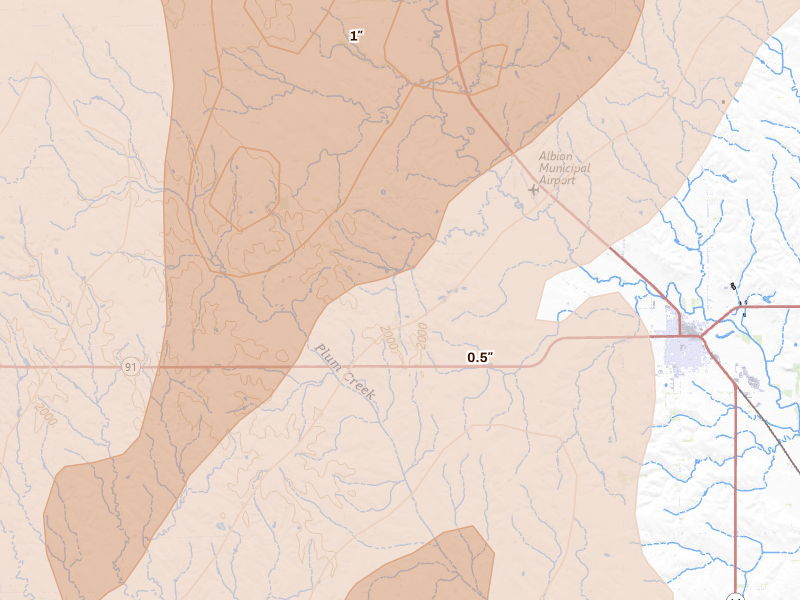 Radar-estimated hail-size map of the storm over Albion, NE on Jun 29, 2026