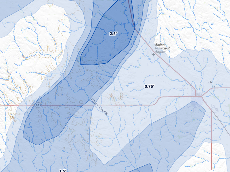 NEXRAD radar-signature map of the hail storm over Albion, NE on Jun 29, 2026