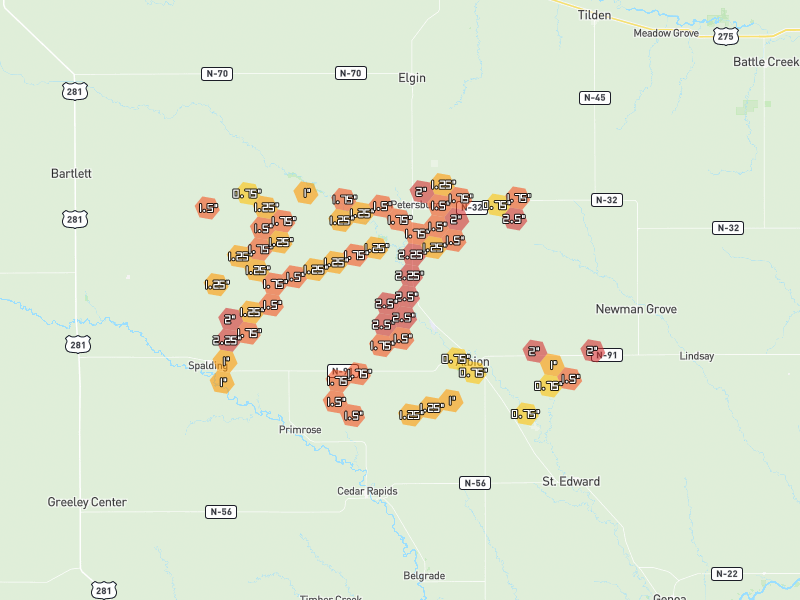Hail map of Albion, NE on Jun 30, 2026, hail up to 2.5"