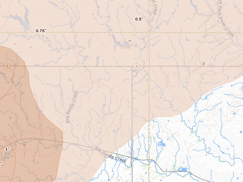 Radar-estimated hail-size map of the storm over Alexandria, NE on May 17, 2026