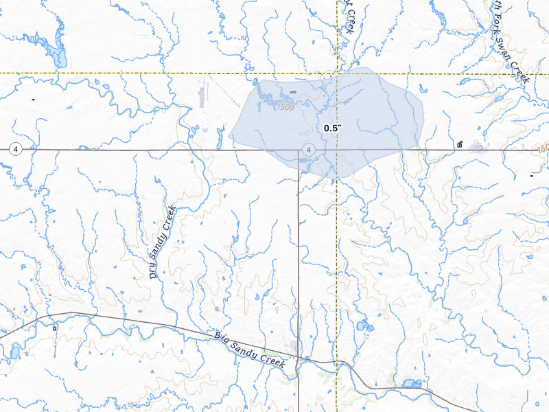 NEXRAD radar-signature map of the hail storm over Alexandria, NE on Jul 3, 2026