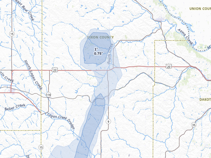 NEXRAD radar-signature map of the hail storm over Allen, NE on May 18, 2026