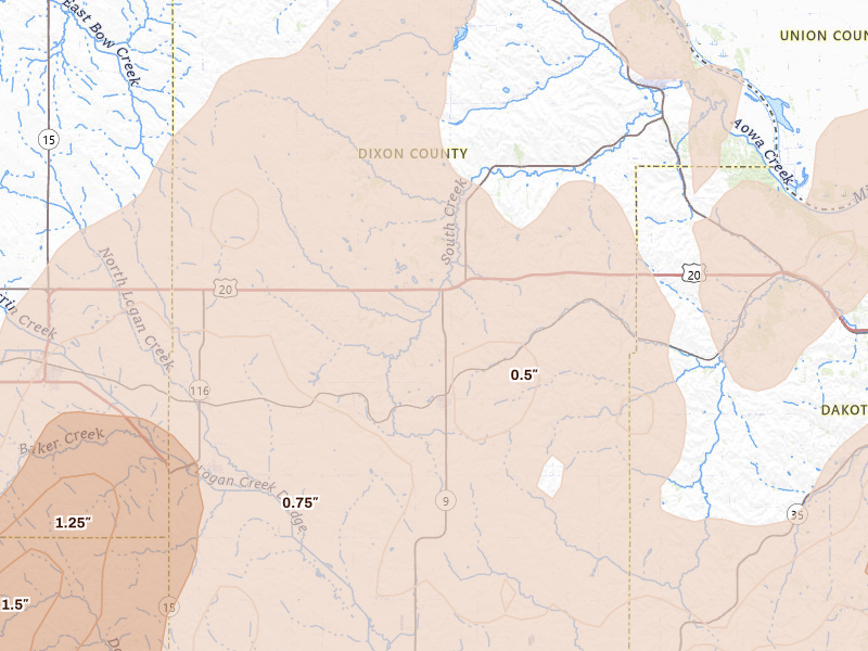 Radar-estimated hail-size map of the storm over Allen, NE on Jun 29, 2026