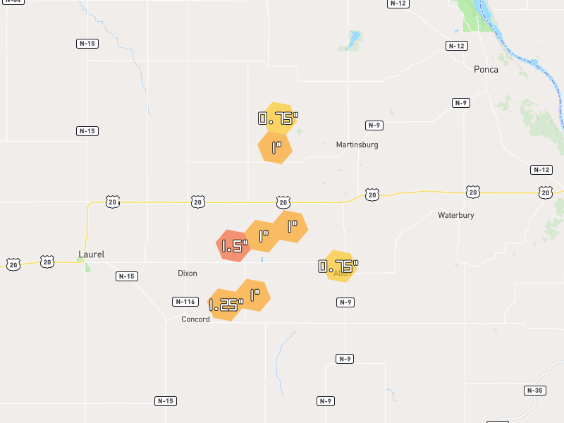 Hail map of Allen, NE on Jun 30, 2026, hail up to 1.5"