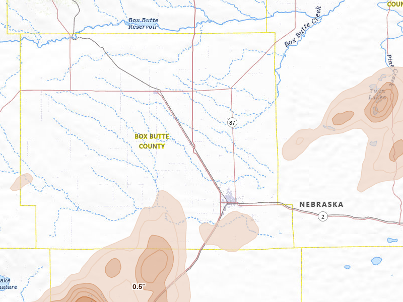 Radar-estimated hail-size map of the storm over Alliance, NE on Jun 8, 2026