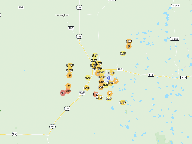 Hail map of Alliance, NE on Jun 9, 2026, hail up to 2"