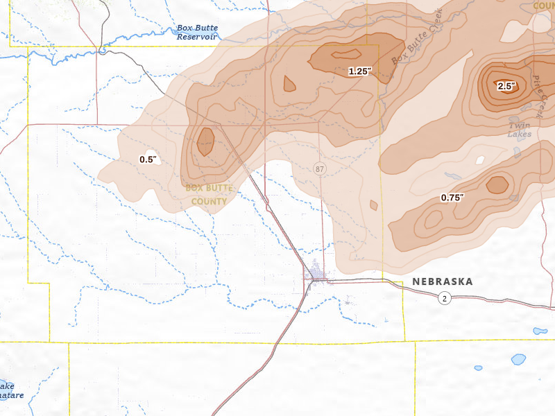 Radar-estimated hail-size map of the storm over Alliance, NE on Jun 27, 2026