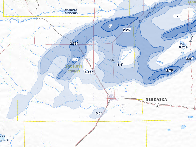 NEXRAD radar-signature map of the hail storm over Alliance, NE on Jun 27, 2026