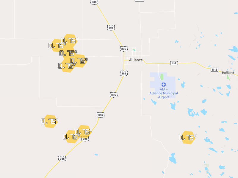 Hail map of Alliance, NE on Jun 27, 2026, hail up to 2.75"
