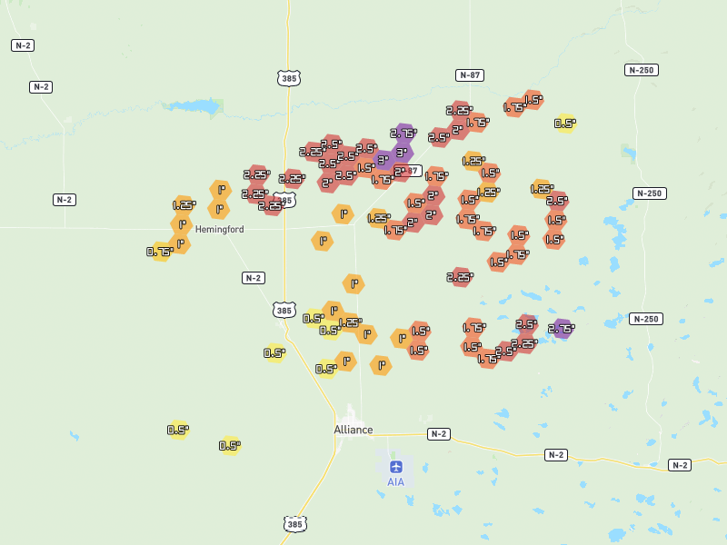 Hail map of Alliance, NE on Jun 28, 2026, hail up to 3"