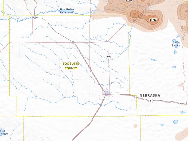 Radar-estimated hail-size map of the storm over Alliance, NE on Jul 3, 2026