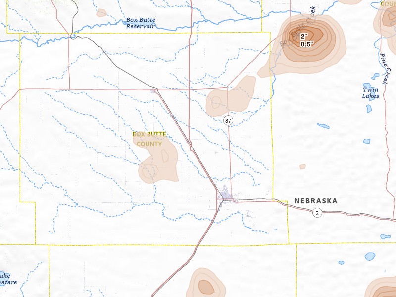 Radar-estimated hail-size map of the storm over Alliance, NE on Jul 6, 2026