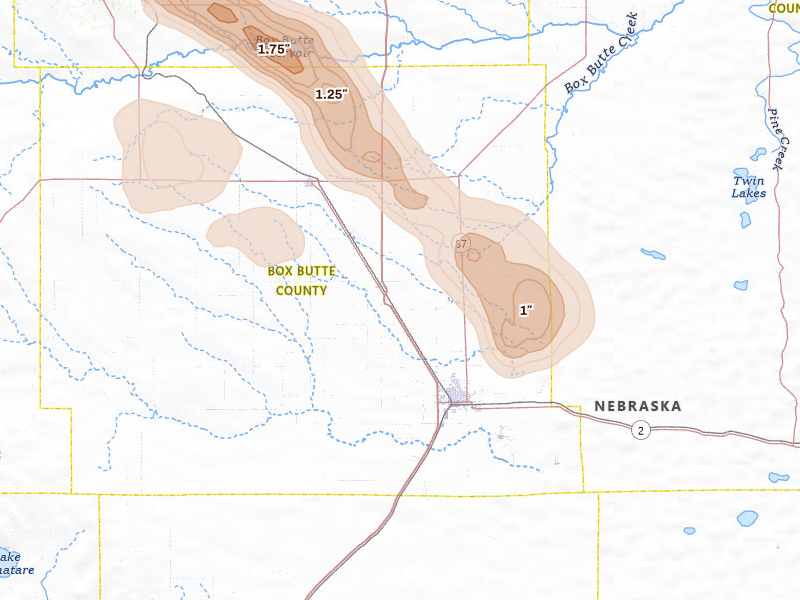 Radar-estimated hail-size map of the storm over Alliance, NE on Jul 9, 2026