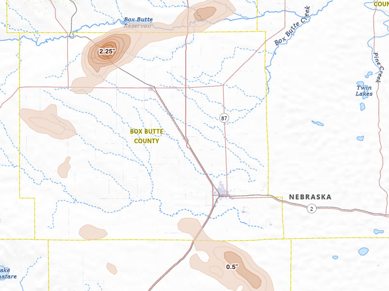Radar-estimated hail-size map of the storm over Alliance, NE on Jul 28, 2026