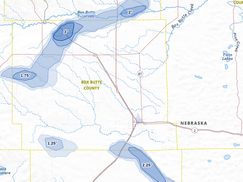 NEXRAD radar-signature map of the hail storm over Alliance, NE on Jul 28, 2026