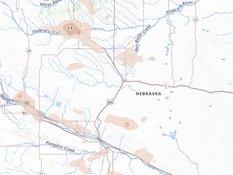 Radar-estimated hail-size map of the storm over Alliance, NE on Aug 9, 2026