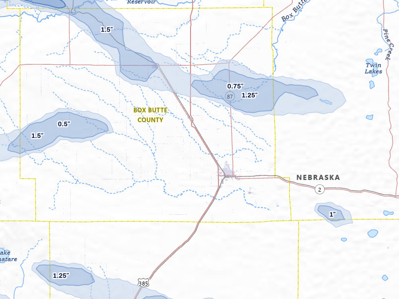 NEXRAD radar-signature map of the hail storm over Alliance, NE on Aug 9, 2026