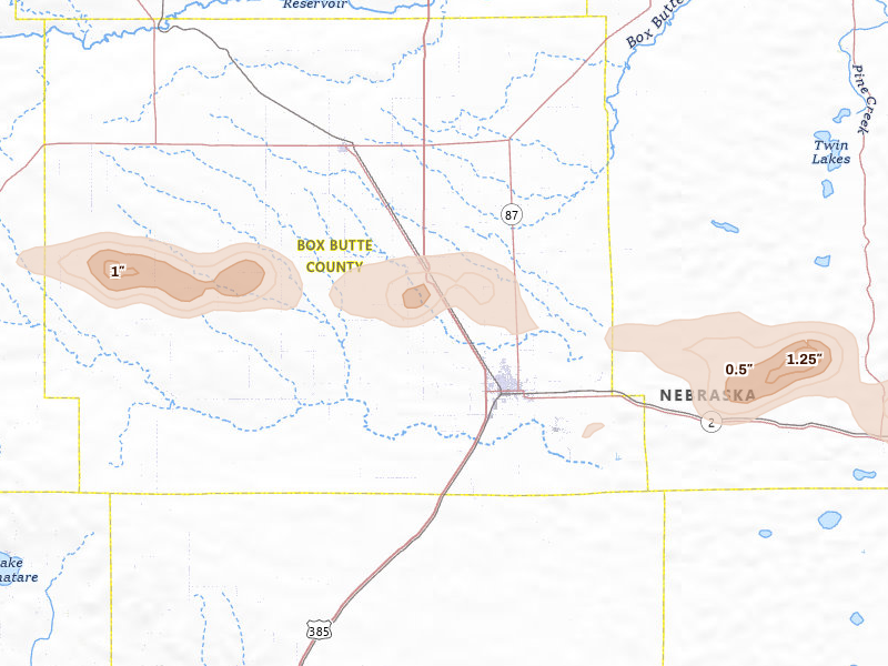 Radar-estimated hail-size map of the storm over Alliance, NE on Aug 15, 2026