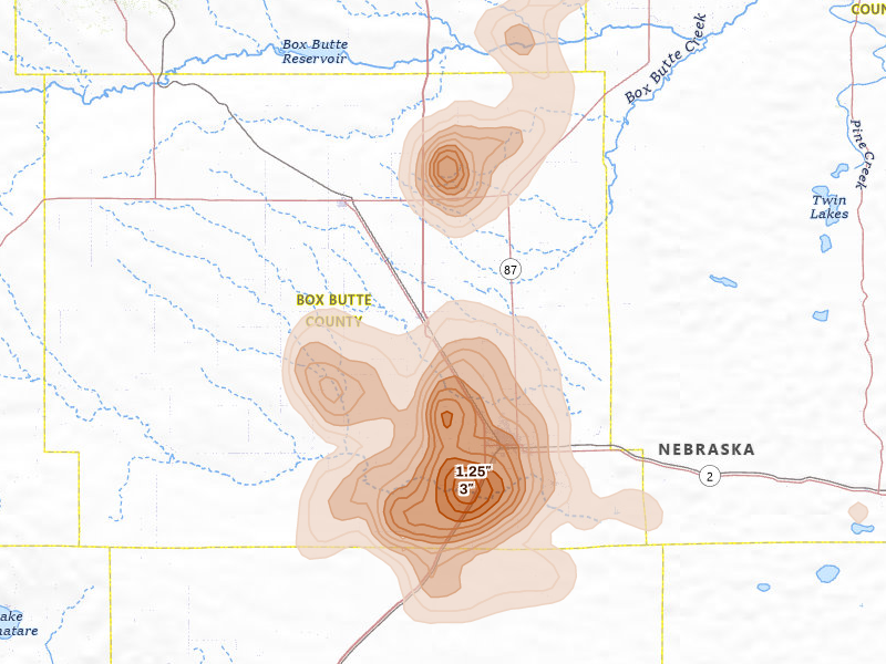 Radar-estimated hail-size map of the storm over Alliance, NE