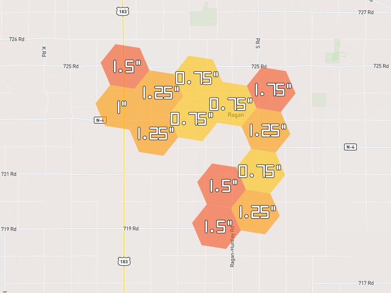 Hail map of Alma, NE on Jun 3, 2026, hail up to 1.75"