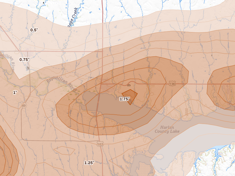Radar-estimated hail-size map of the storm over Alma, NE on Jun 8, 2026