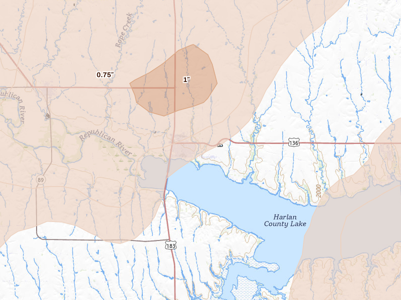 Radar-estimated hail-size map of the storm over Alma, NE on Jun 9, 2026