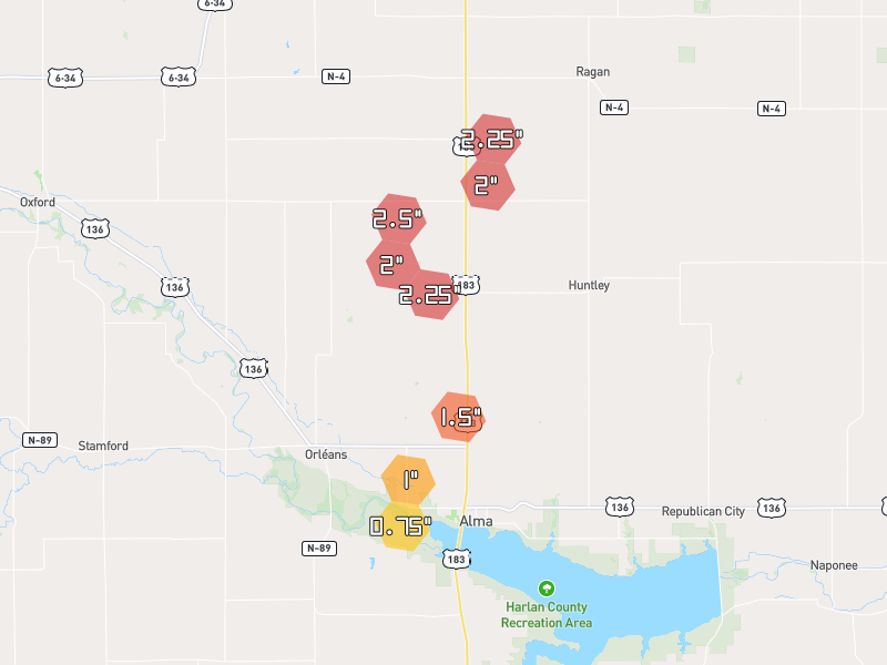 Hail map of Alma, NE on Jun 9, 2026, hail up to 2.5"