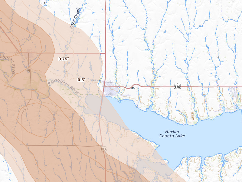 Radar-estimated hail-size map of the storm over Alma, NE on Jun 24, 2026