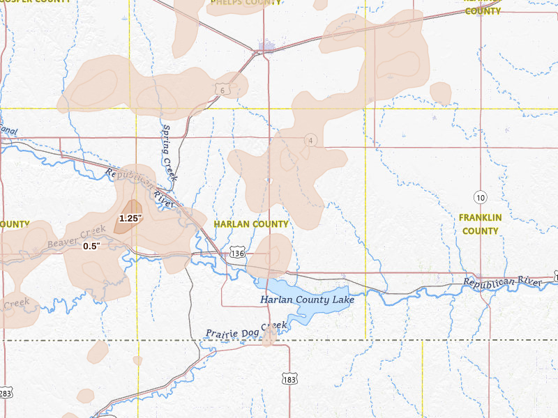 Radar-estimated hail-size map of the storm over Alma, NE on Aug 13, 2026